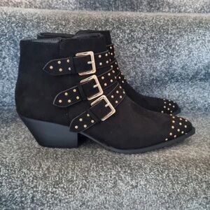 Papaya Black Ankle Boots with Gold Buckle Straps